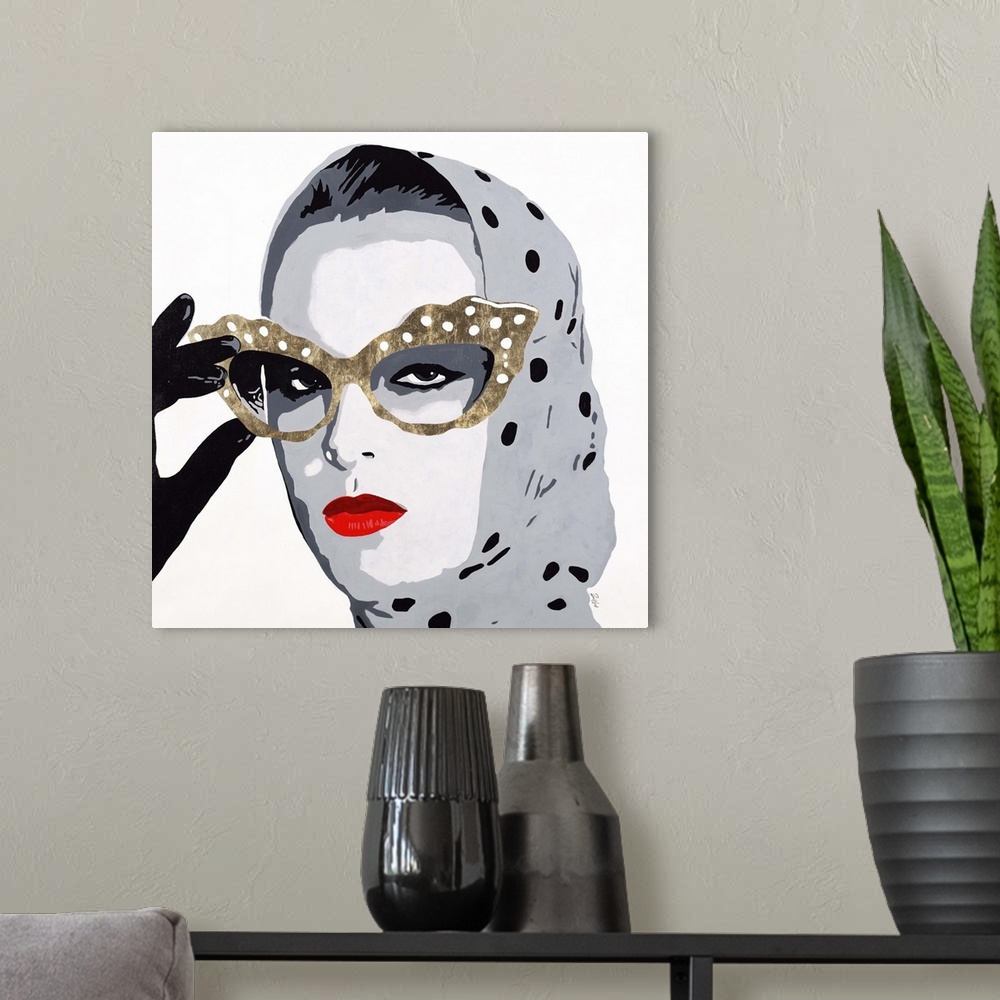 A modern room featuring Contemporary painting of a close-up of a woman wearing a gray polka dotted headscarf and large ca...