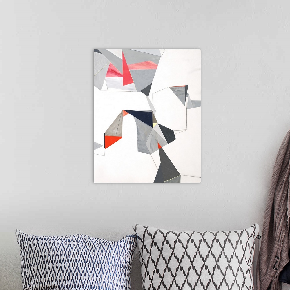 A bohemian room featuring Geometric abstract painting with triangular shapes creating lines and movement throughout.
