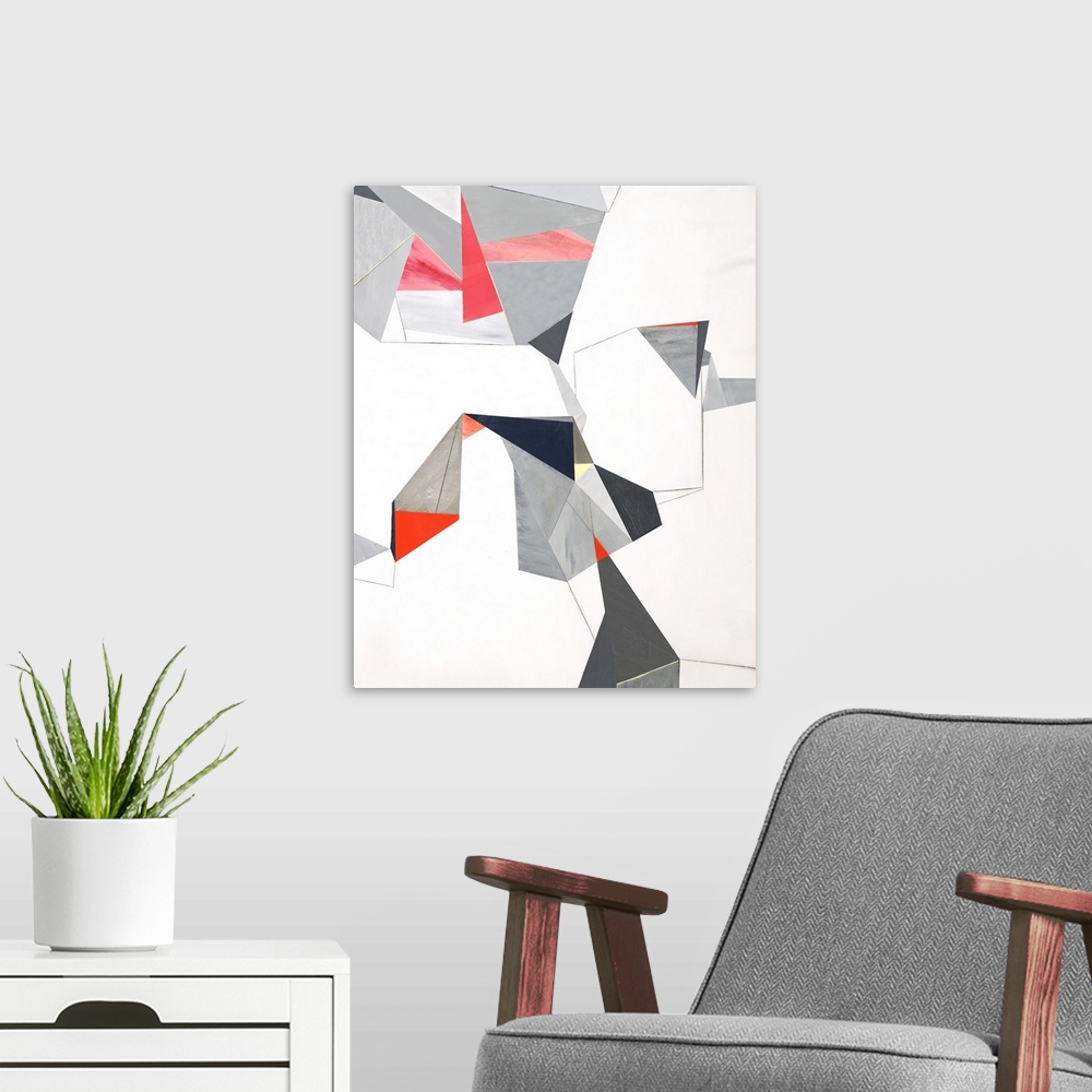 A modern room featuring Geometric abstract painting with triangular shapes creating lines and movement throughout.