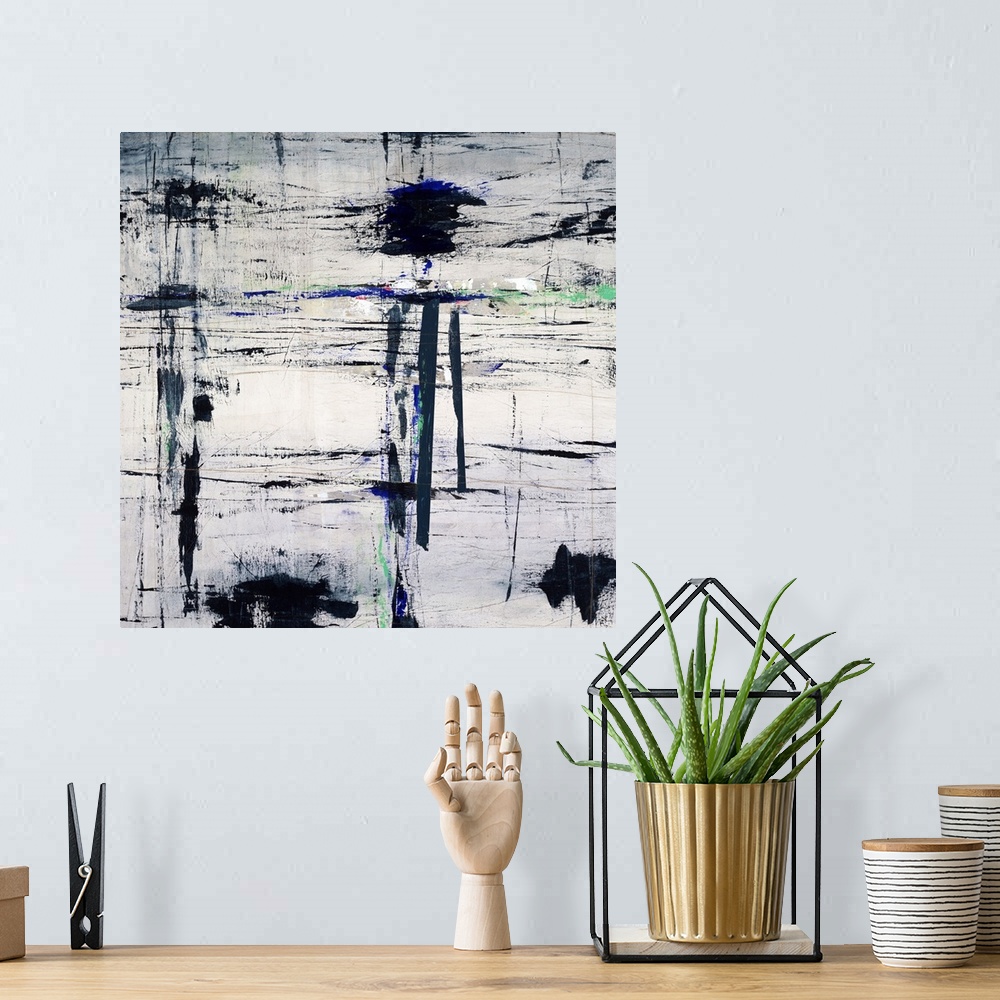 A bohemian room featuring Grungy contemporary abstract painting with dark, black, sporadic brushstrokes and pops of royal b...