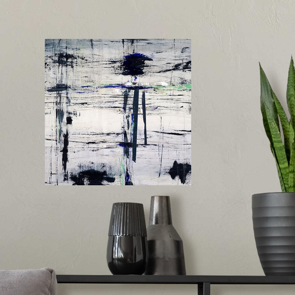 A modern room featuring Grungy contemporary abstract painting with dark, black, sporadic brushstrokes and pops of royal b...