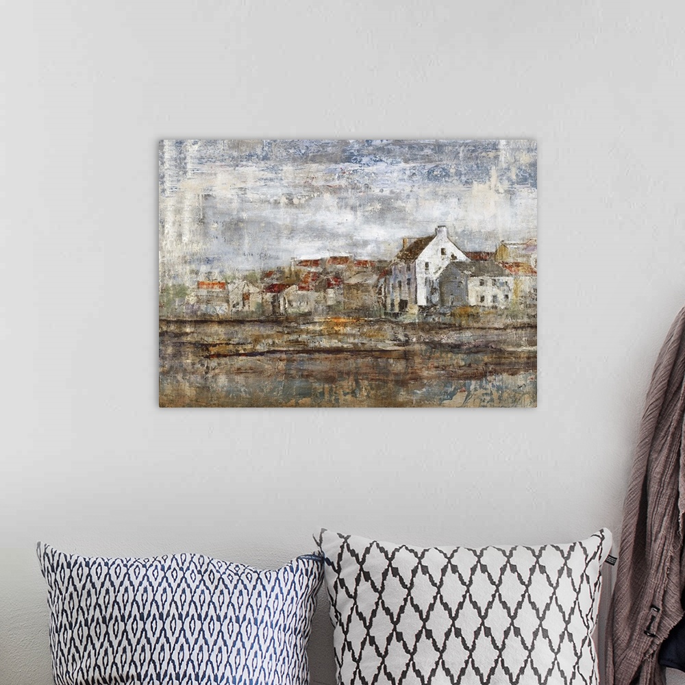 A bohemian room featuring Contemporary artwork of a village in the countryside in the fall.
