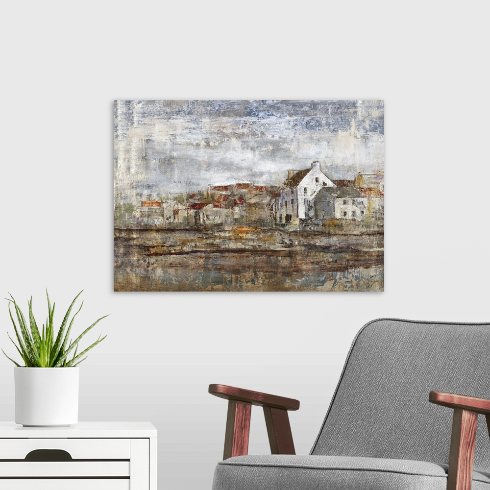 A modern room featuring Contemporary artwork of a village in the countryside in the fall.