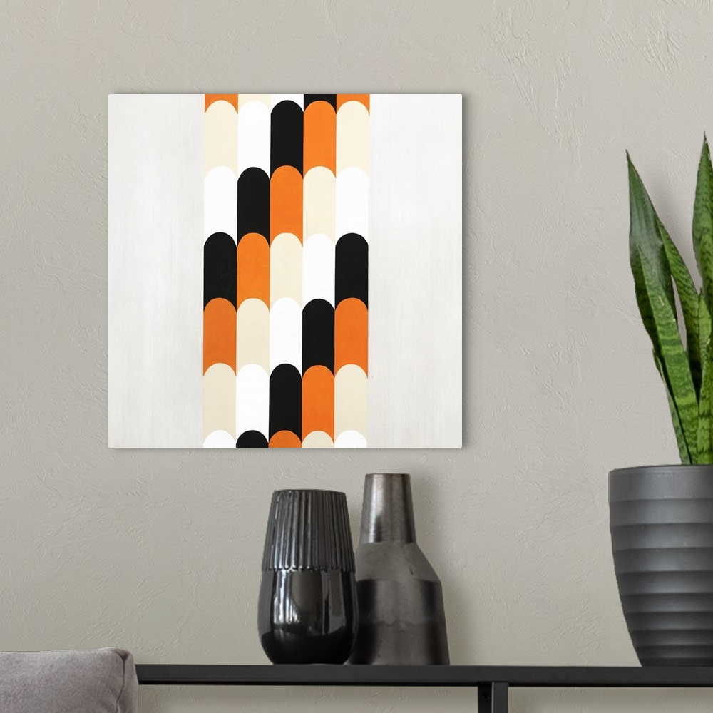 A modern room featuring Abstract art created with tan, white, black, and orange long rounded shapes stacked together in r...