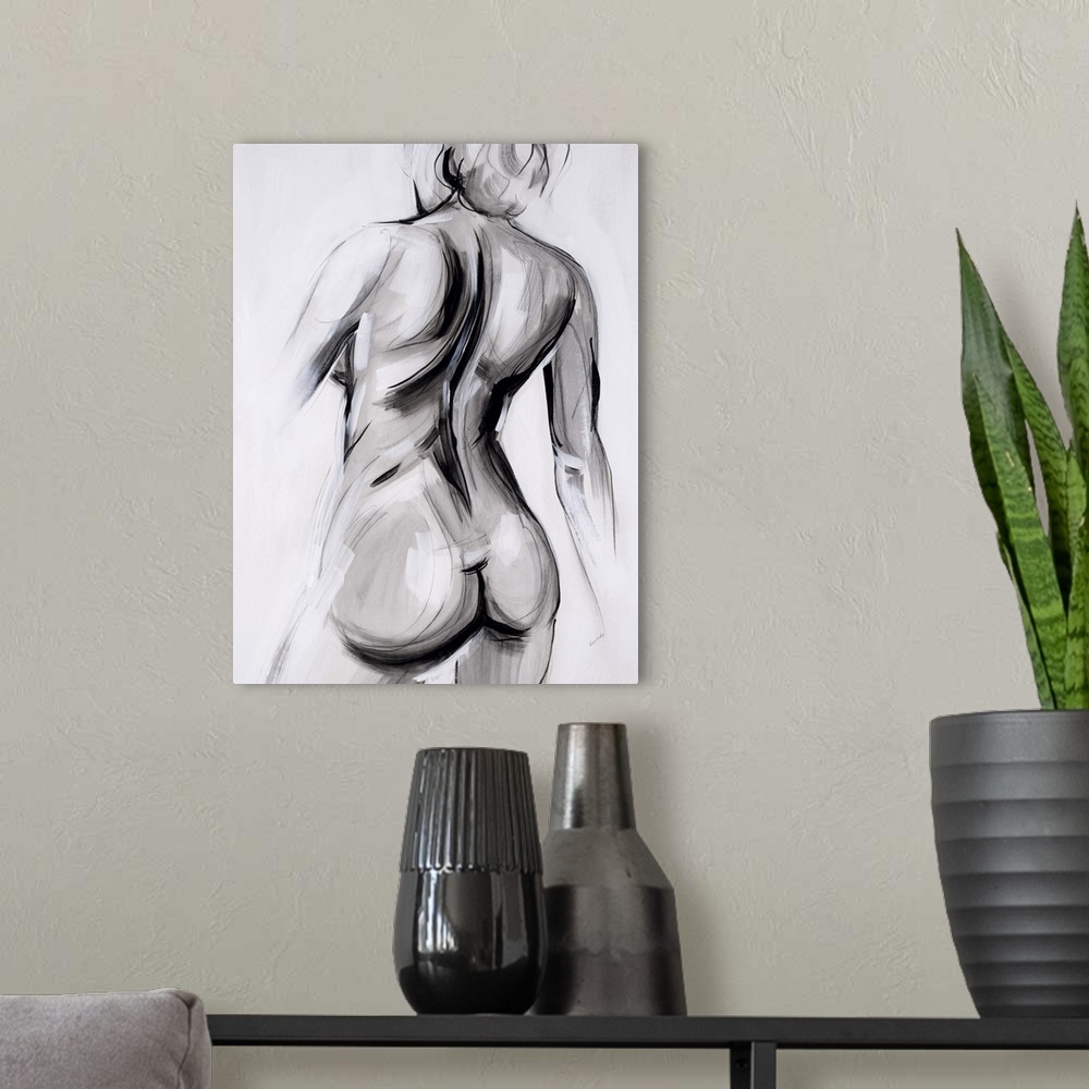 A modern room featuring Contemporary figurative abstract with a woman's back and bottom in shades of gray, black, and white.