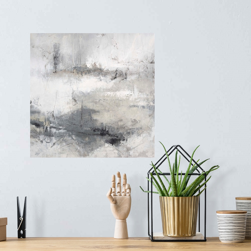 A bohemian room featuring Abstract contemporary artwork in misty shades of white and grey.