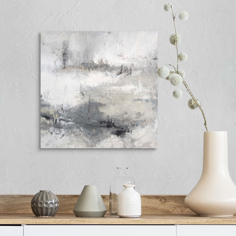 A farmhouse room featuring Abstract contemporary artwork in misty shades of white and grey.
