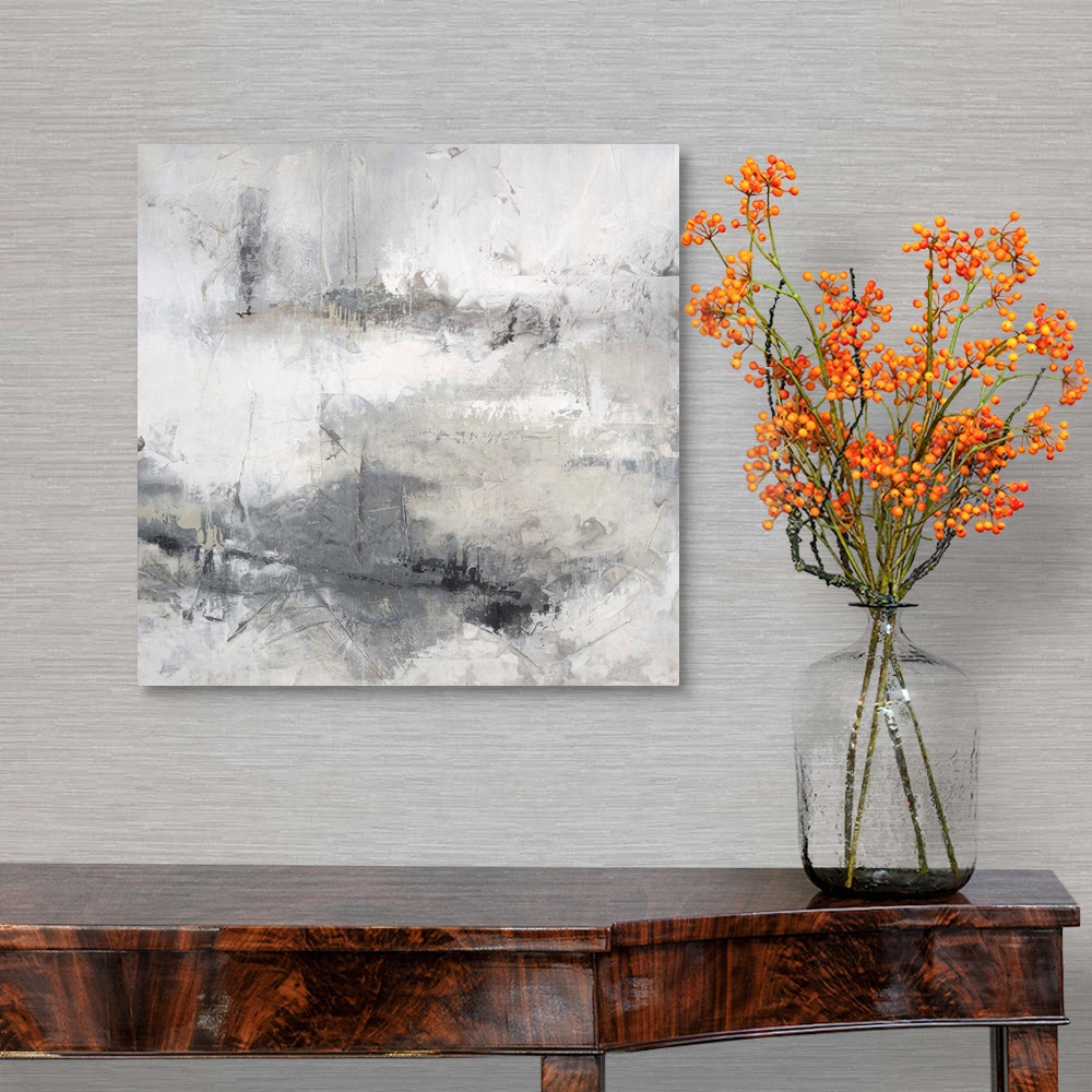A traditional room featuring Abstract contemporary artwork in misty shades of white and grey.