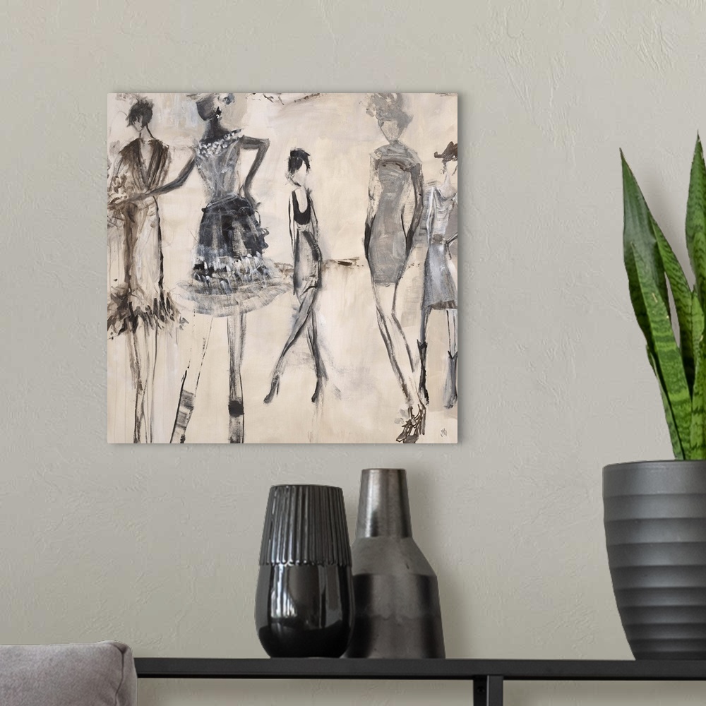 A modern room featuring Figurative art of a group of female forms, each posing in a unique fashionable outfit, on a light...