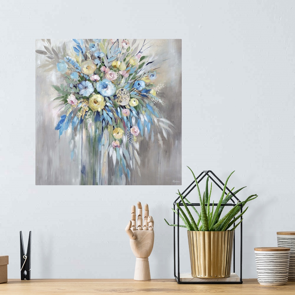 A bohemian room featuring Contemporary abstract painting of a floral arrangement with with blue, yellow, and pale pink flow...