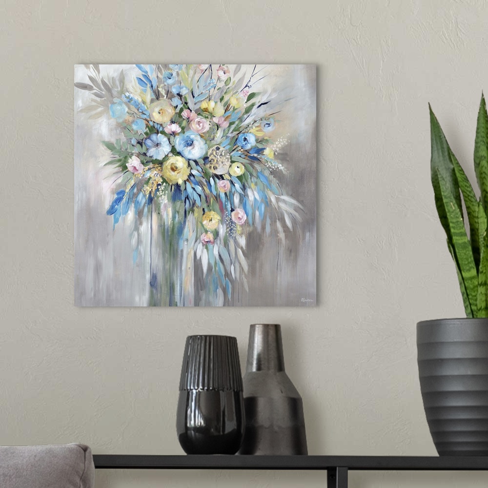 A modern room featuring Contemporary abstract painting of a floral arrangement with with blue, yellow, and pale pink flow...