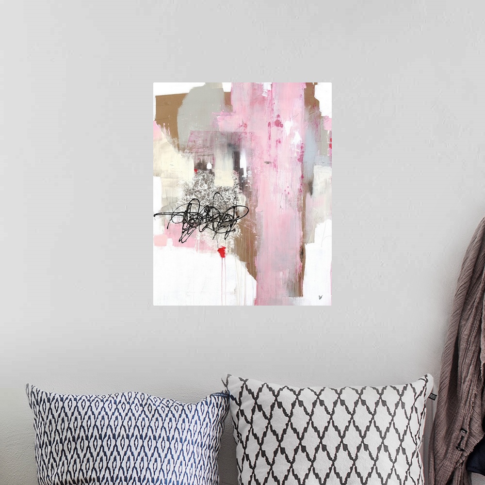 A bohemian room featuring Contemporary abstract painting with pink, gray, tan, and beige brushstrokes, and a black scribble...