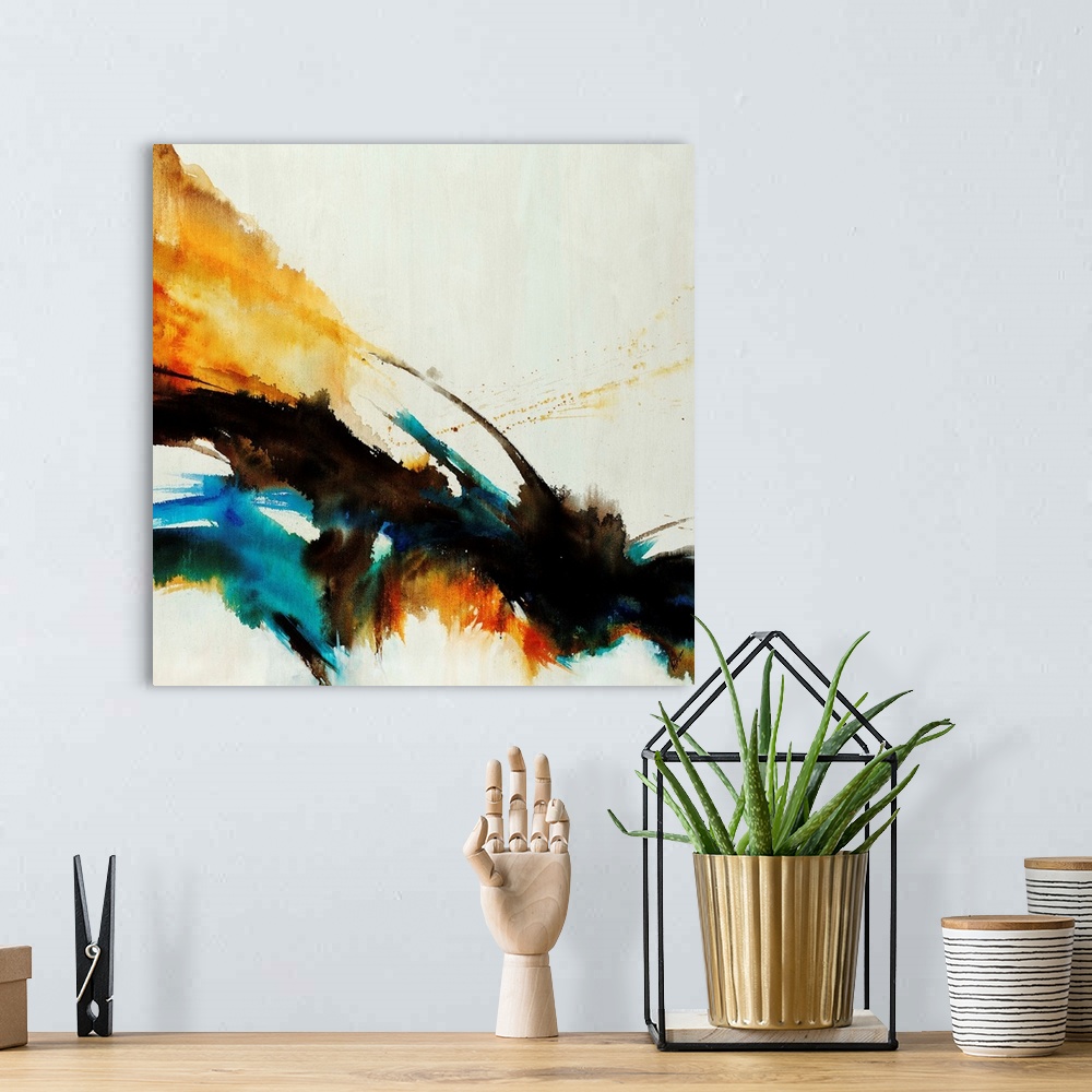 A bohemian room featuring Abstract painting of a thick diagonal cluster of multicolored shapes with feathering edges and wa...