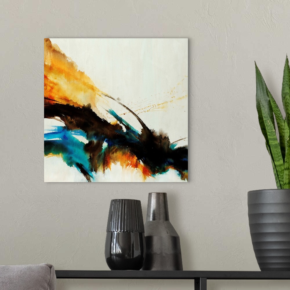 A modern room featuring Abstract painting of a thick diagonal cluster of multicolored shapes with feathering edges and wa...