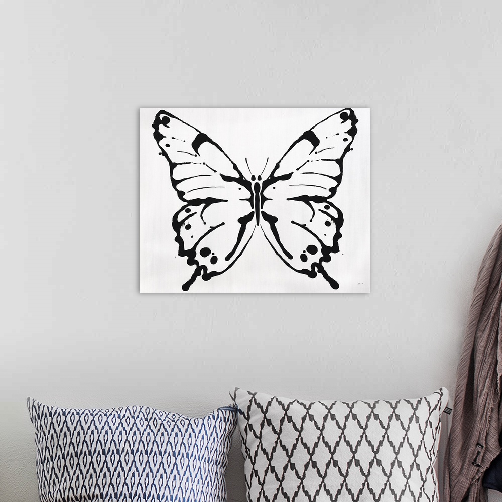 A bohemian room featuring Black outline of a butterfly on a solid white background.
