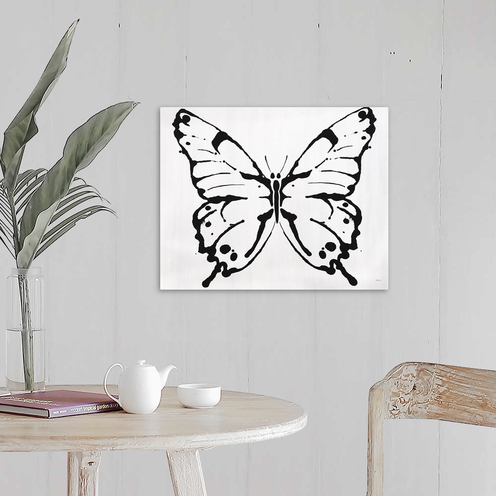 A farmhouse room featuring Black outline of a butterfly on a solid white background.