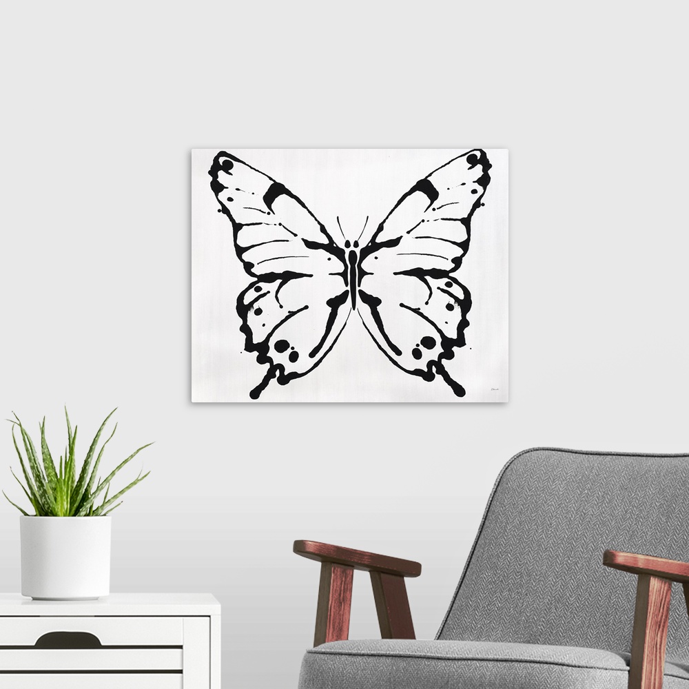 A modern room featuring Black outline of a butterfly on a solid white background.