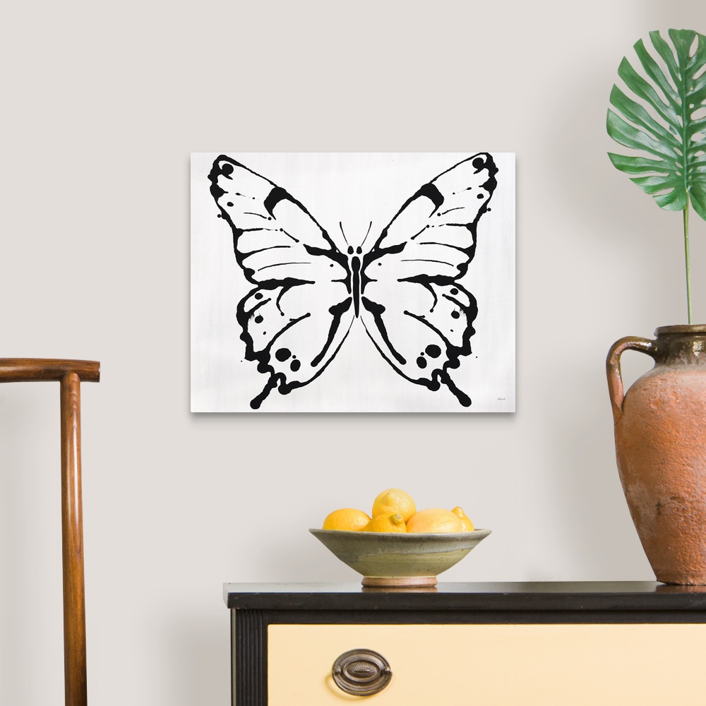 A traditional room featuring Black outline of a butterfly on a solid white background.