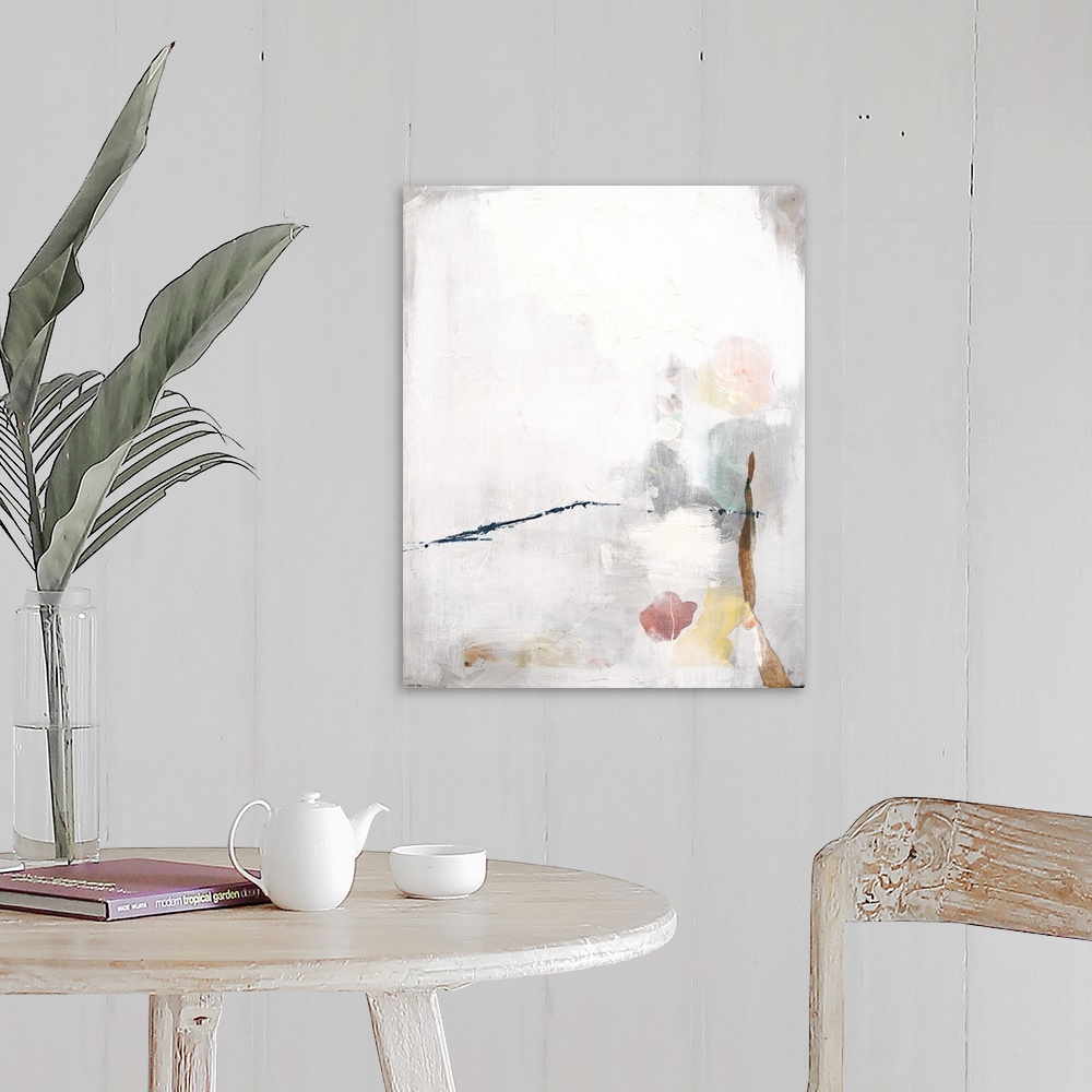 A farmhouse room featuring Large abstract art with faint hints of color underneath a white and gray overlay with a thin blue...