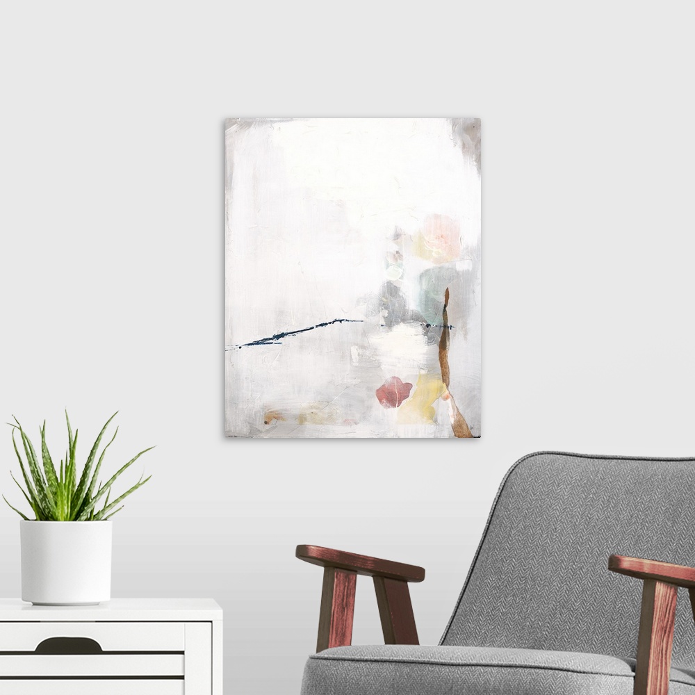 A modern room featuring Large abstract art with faint hints of color underneath a white and gray overlay with a thin blue...