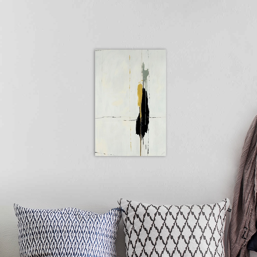 A bohemian room featuring This decorative accent is a vertical abstract painting created by a contemporary artist and makes...