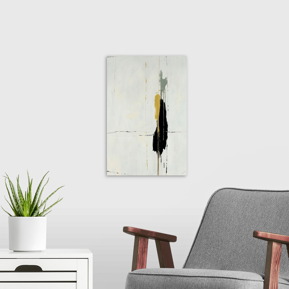 A modern room featuring This decorative accent is a vertical abstract painting created by a contemporary artist and makes...