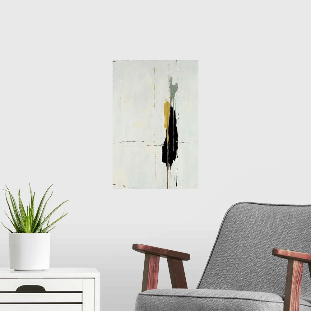 A modern room featuring This decorative accent is a vertical abstract painting created by a contemporary artist and makes...