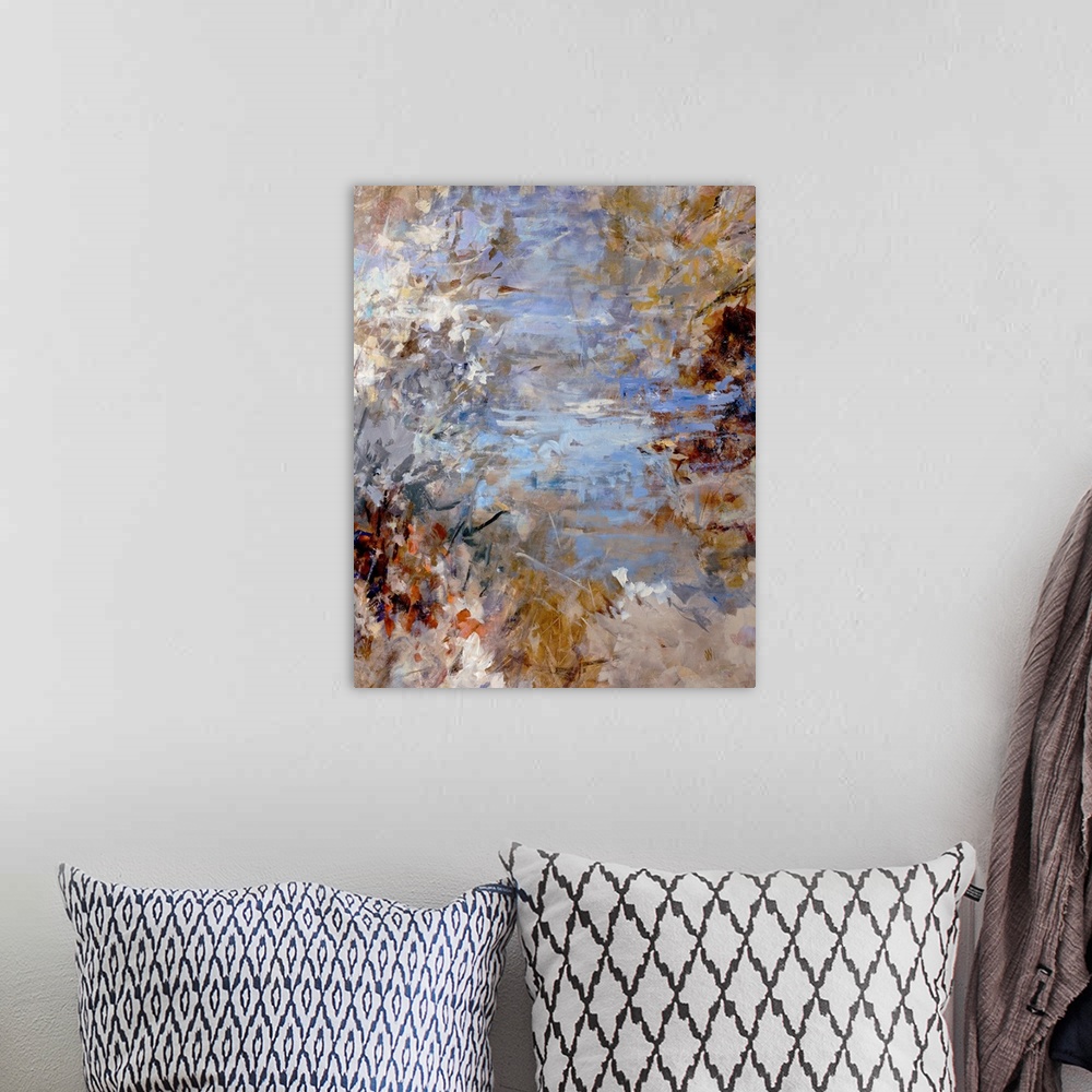 A bohemian room featuring Vertical, large abstract painting in short, rough brushstrokes of a rugged path surrounded by bru...