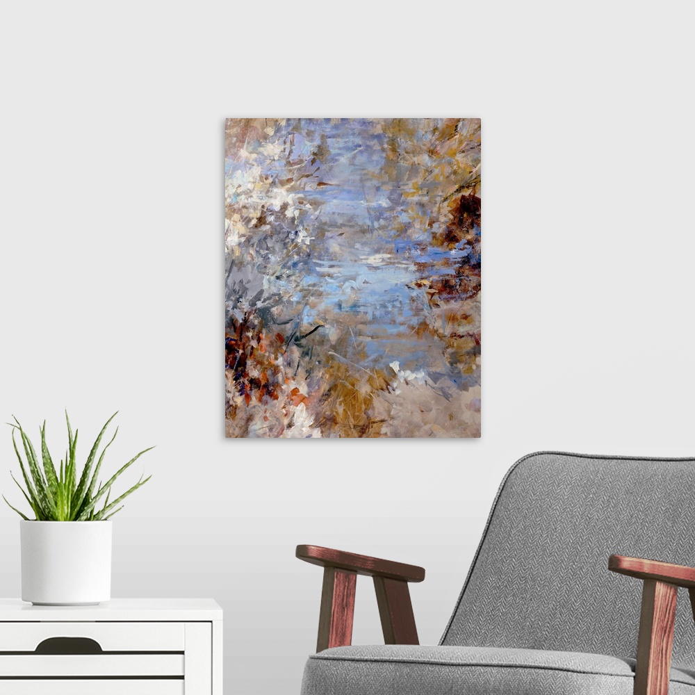 A modern room featuring Vertical, large abstract painting in short, rough brushstrokes of a rugged path surrounded by bru...