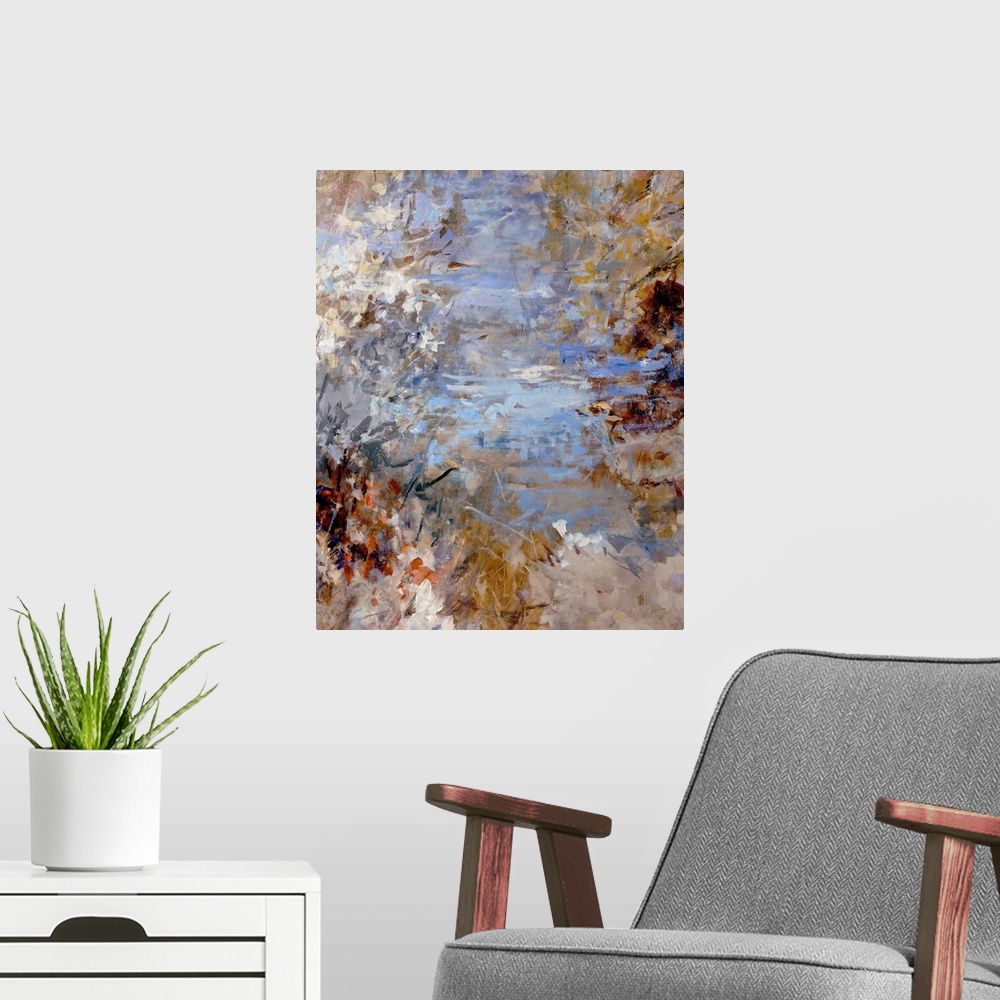 A modern room featuring Vertical, large abstract painting in short, rough brushstrokes of a rugged path surrounded by bru...