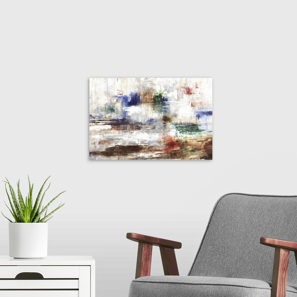 A modern room featuring Contemporary abstract painting with dark blue, green, brown, and red hues surrounded by white and...