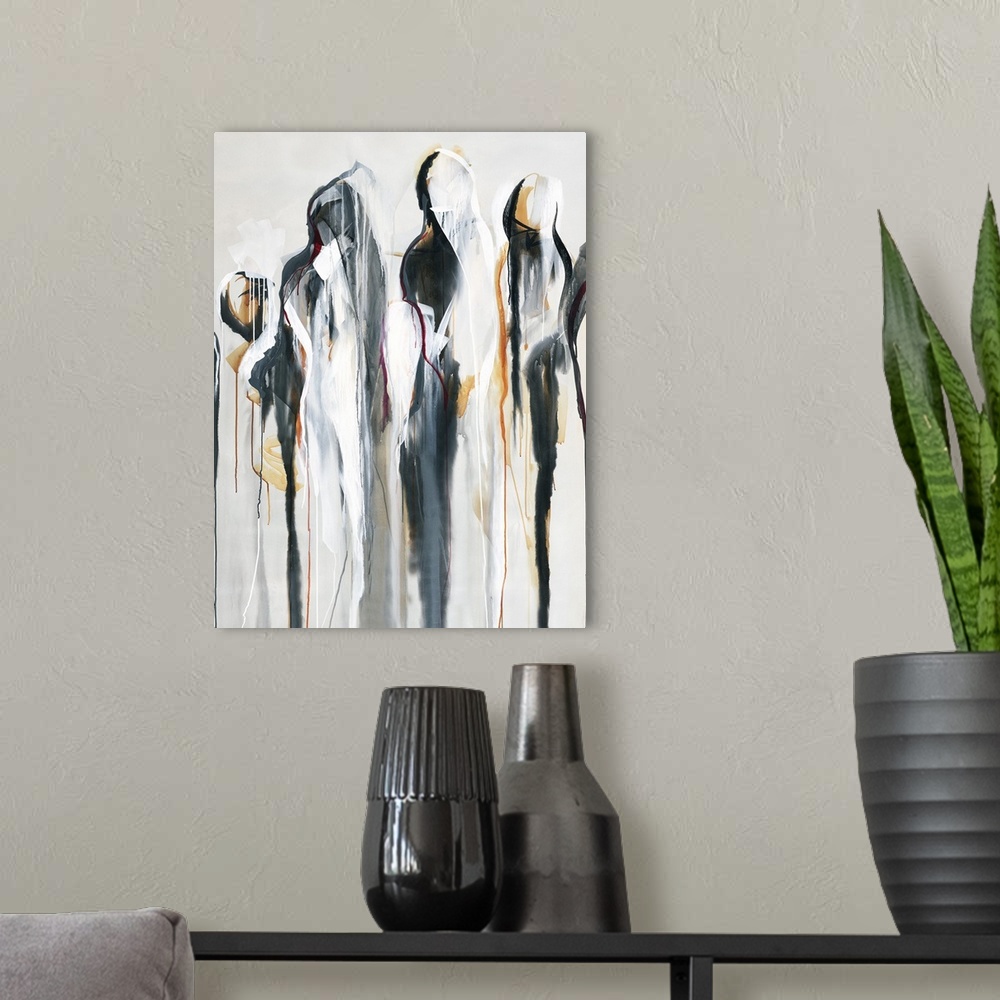 A modern room featuring Figurative abstract painting with a group of silhouettes dripping to the bottom of the canvas.