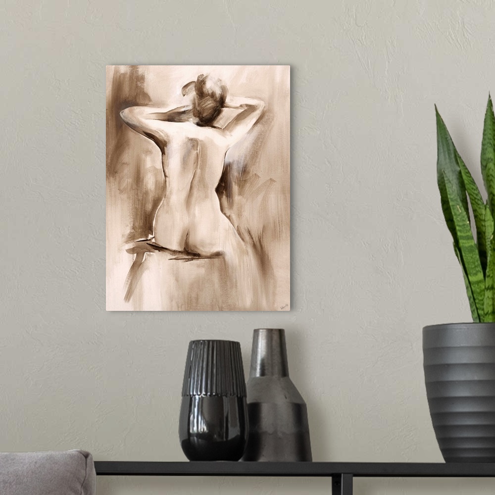 A modern room featuring Contemporary figurative painting of a nude female seated with arms lifted and back facing viewer.