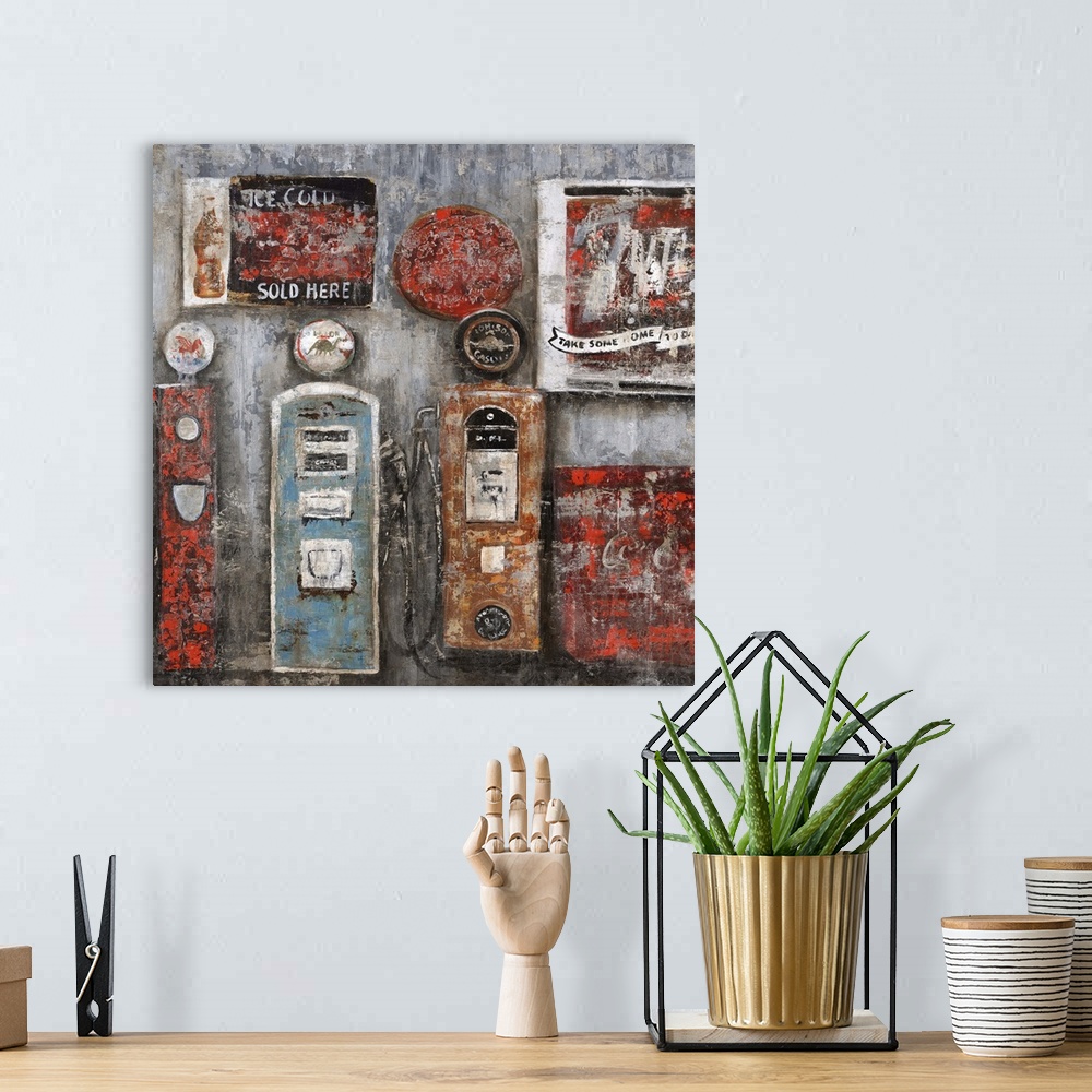 A bohemian room featuring Painting of several vintage gas pumps and signage, painted with a texture that gives an antique f...