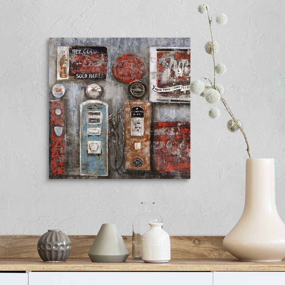 A farmhouse room featuring Painting of several vintage gas pumps and signage, painted with a texture that gives an antique f...