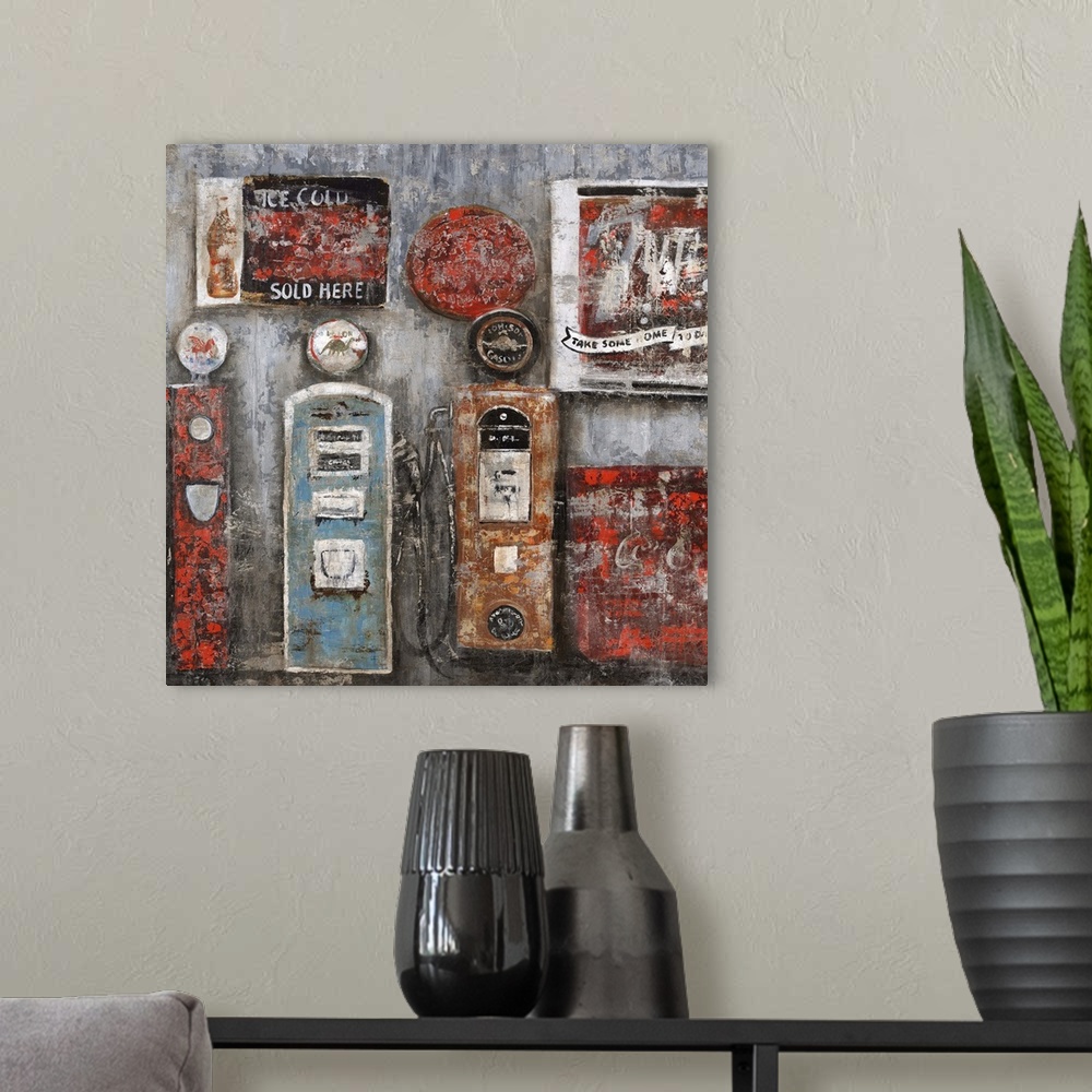 A modern room featuring Painting of several vintage gas pumps and signage, painted with a texture that gives an antique f...