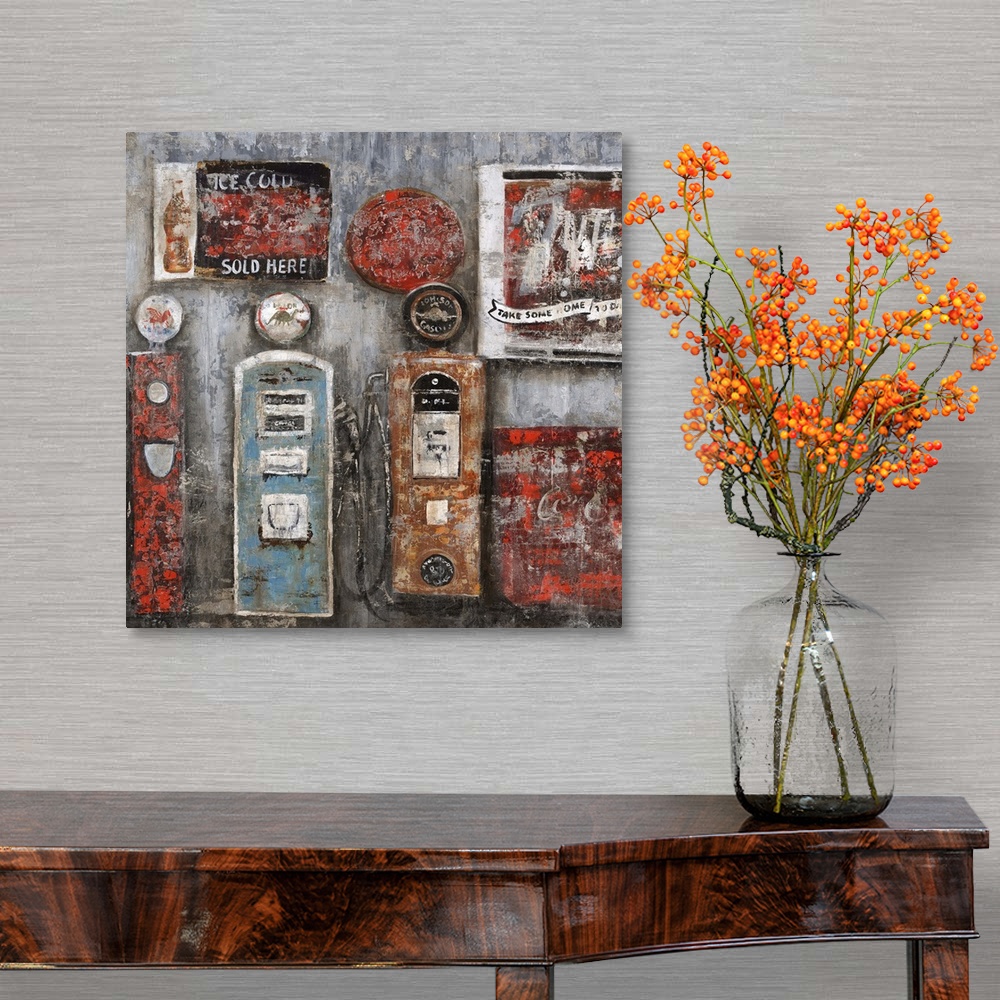 A traditional room featuring Painting of several vintage gas pumps and signage, painted with a texture that gives an antique f...