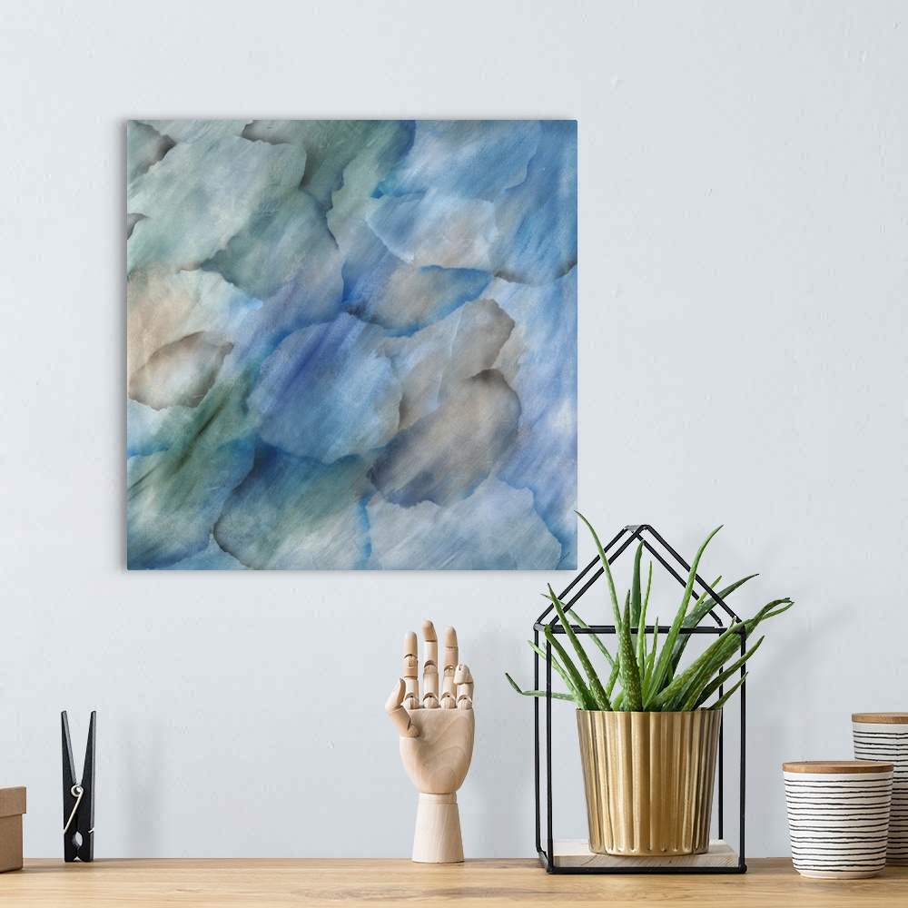 A bohemian room featuring Square contemporary abstract painting with cool toned rock shaped designs overlapping and blendin...