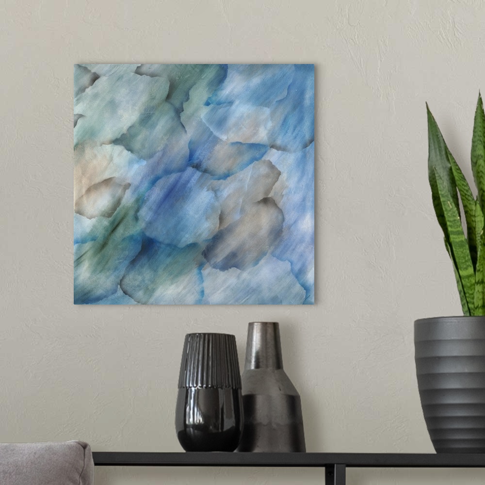A modern room featuring Square contemporary abstract painting with cool toned rock shaped designs overlapping and blendin...