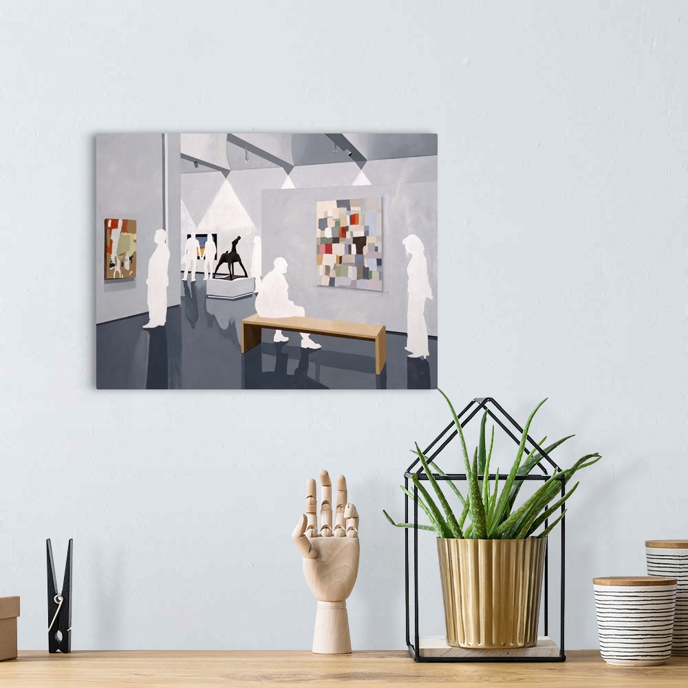 A bohemian room featuring Contemporary painting of white silhouetted people admiring art at an art show.