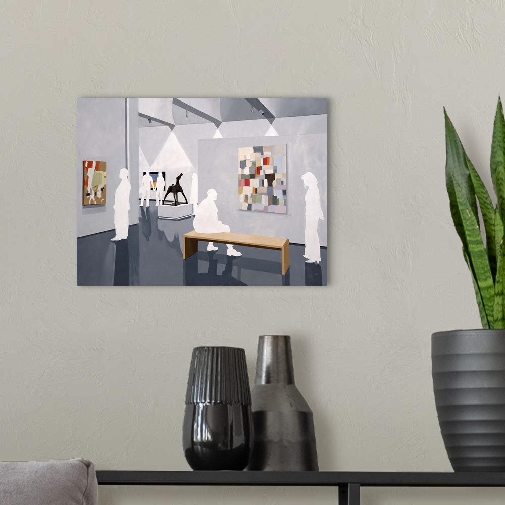 A modern room featuring Contemporary painting of white silhouetted people admiring art at an art show.
