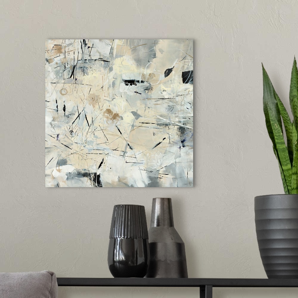 A modern room featuring Contemporary abstract painting with quick, short lines and grey tones, calling to mind a feeling ...