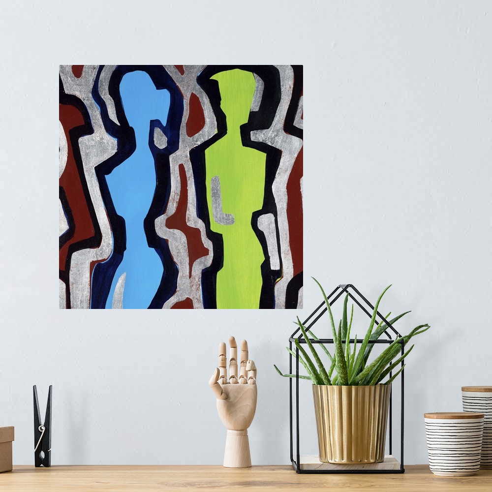 A bohemian room featuring Contemporary abstract painting using bold organic and geometric lines to create figures.