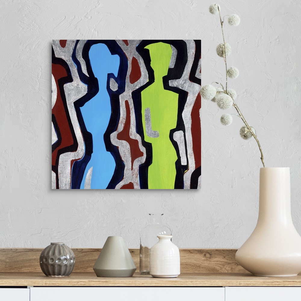 A farmhouse room featuring Contemporary abstract painting using bold organic and geometric lines to create figures.