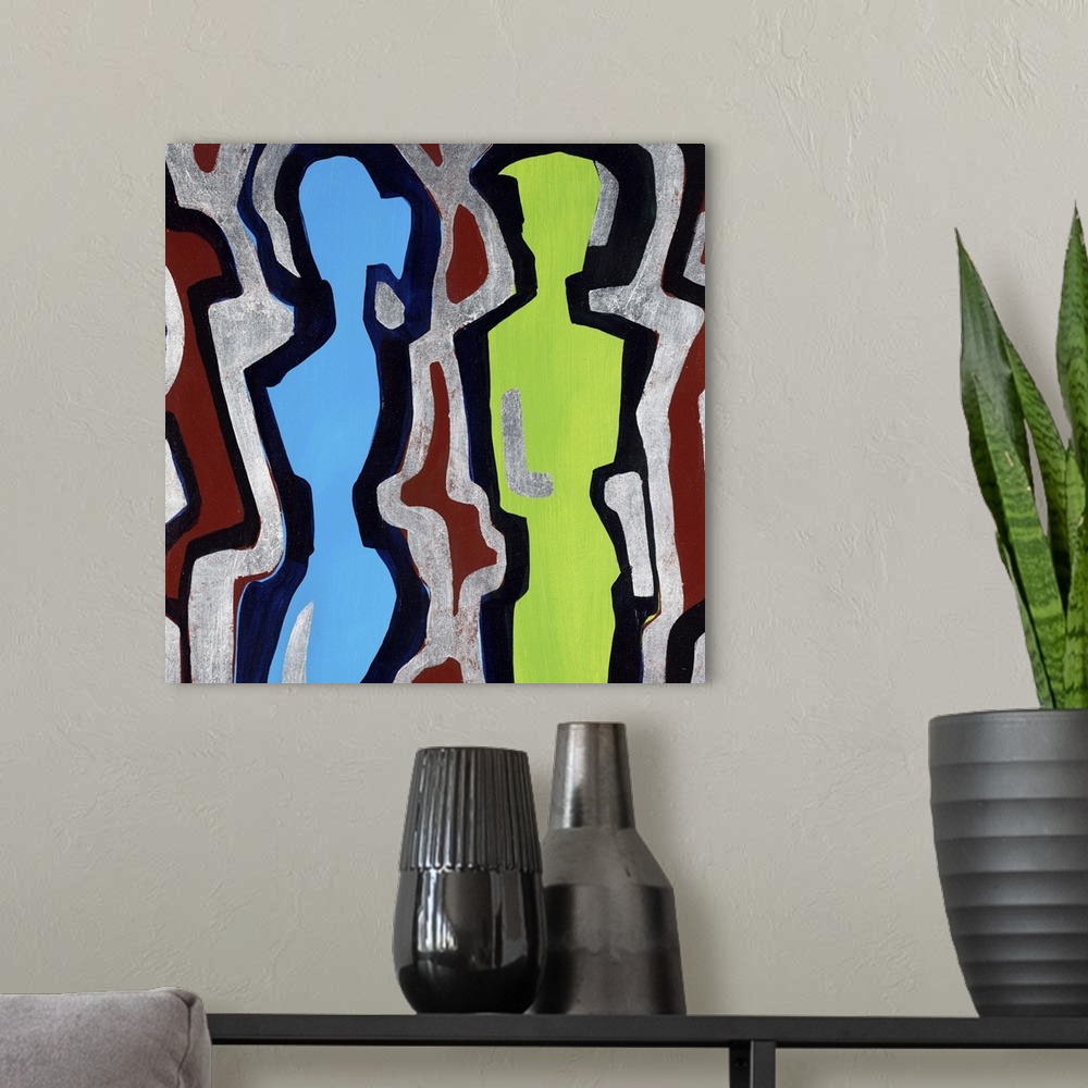 A modern room featuring Contemporary abstract painting using bold organic and geometric lines to create figures.