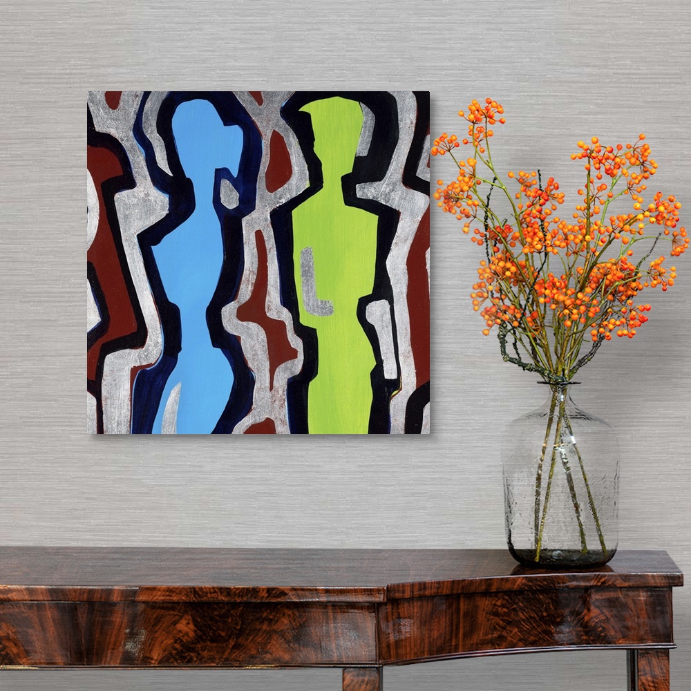 A traditional room featuring Contemporary abstract painting using bold organic and geometric lines to create figures.