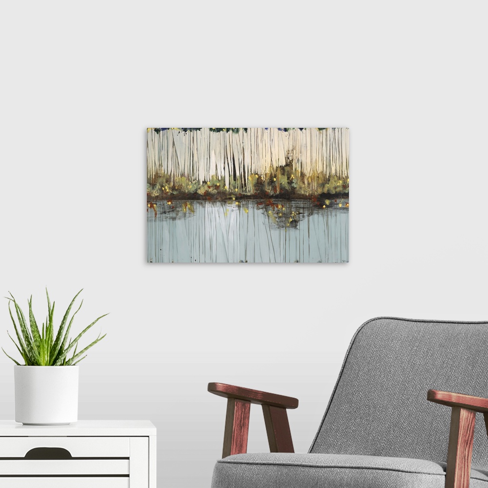 A modern room featuring Artwork of a calm pond surrounded by tall reeds and fireflies.