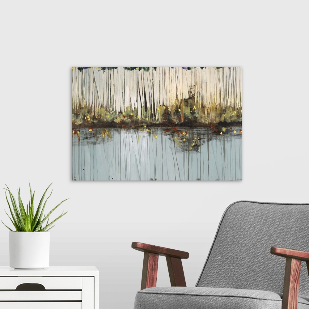 A modern room featuring Artwork of a calm pond surrounded by tall reeds and fireflies.