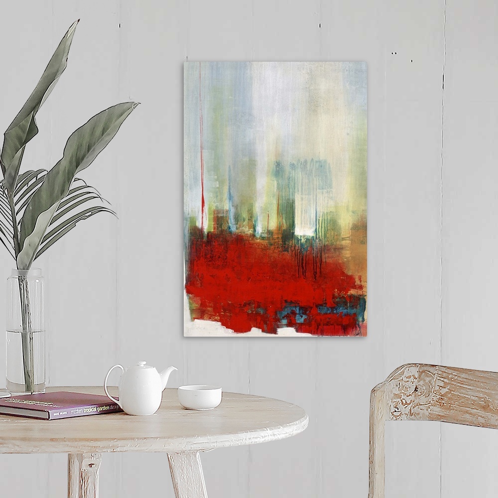 A farmhouse room featuring Contemporary abstract artwork in bright red with hazy blue and green.