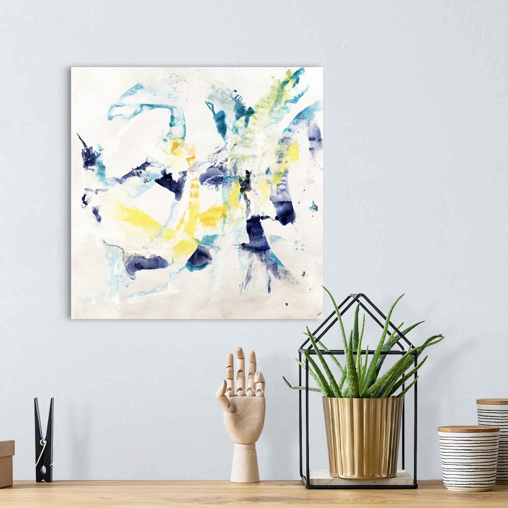 A bohemian room featuring A contemporary abstract painting using colorful lines of paint against a white background.